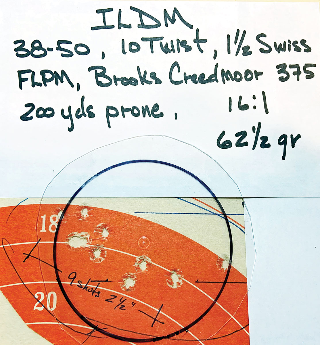 Ten-shot test group, 200 yards with 1.6 MOA circle.